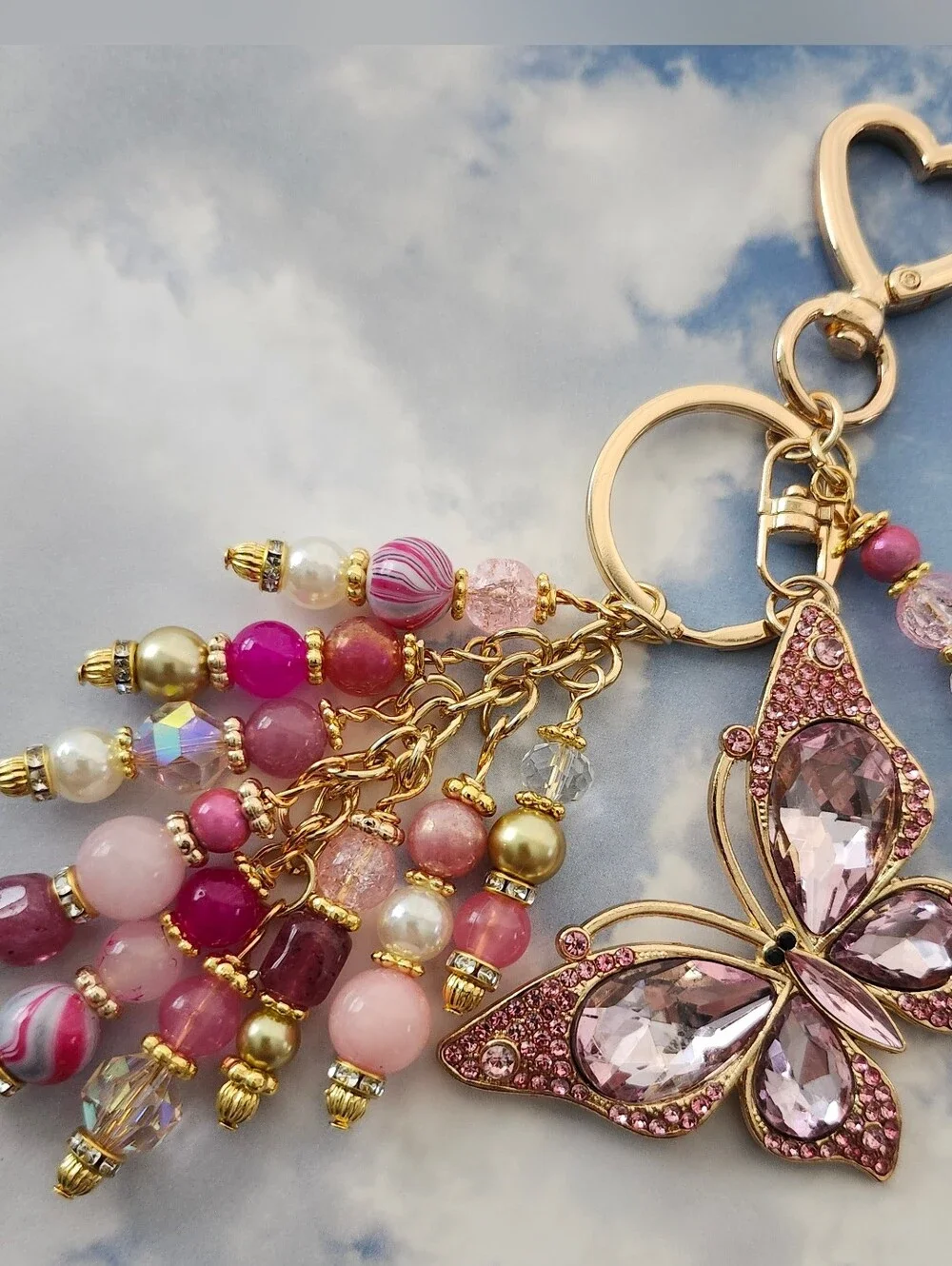 Butterfly Purse or Bag Charm Quartz Agate Handcrafted Pink Rhinestone